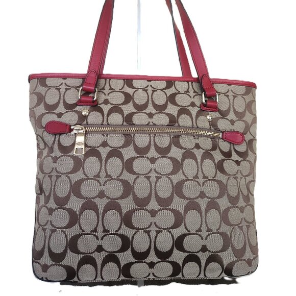 Like New Coach City Signature Khaki & Red Leather Shoulder Bag Purse Satchel - Picture 3 of 15